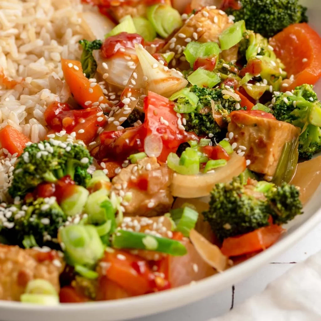 Vegan tempeh and vegetable stir-fry